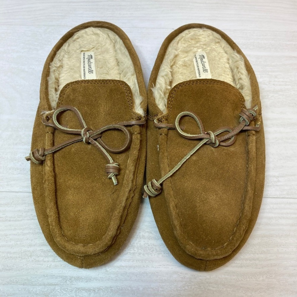Madewell Womens 8 Suede Scuff Slippers Moccasin Slide Tan Brown Faux Fur 2027980